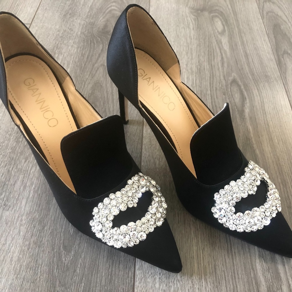 Authentic Giannico black satin pumps w/ crystal - Daphne #85